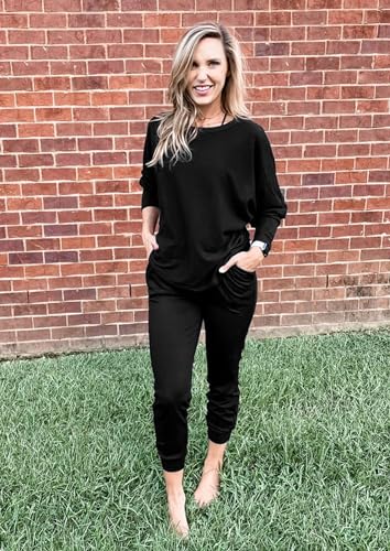 PRETTYGARDEN Women's 2 Piece Fall Outfits Matching Ribbed Knit Lounge Sets - color: Black, size: Large