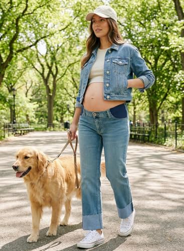 BLENCOT Maternity Jeans for Women Stretchy Summer Cuffed Wide Leg Baggy Denim Pants with Pockets - color: Stone Blue, size: X-Large