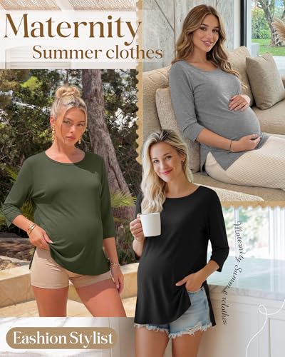 3 Pack Women's 3/4 Sleeve Maternity Loose Crewneck Tops - color: Army Green, Light Mixed Gray, Black, size: X-Large