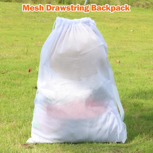 NATURAL STYLE Large Mesh Drawstring Backpack Bag, Gym Sports String Bag, Outdoor Workout Beach Swim Bag (White) - color: White