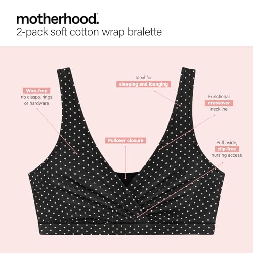 Motherhood Maternity Women's Soft Cotton Spandex Wrap Front Maternity & Nursing Sleep Bralette Bra S-3x - color: Mini Dot/Heather Grey 2 Pack, size: Large