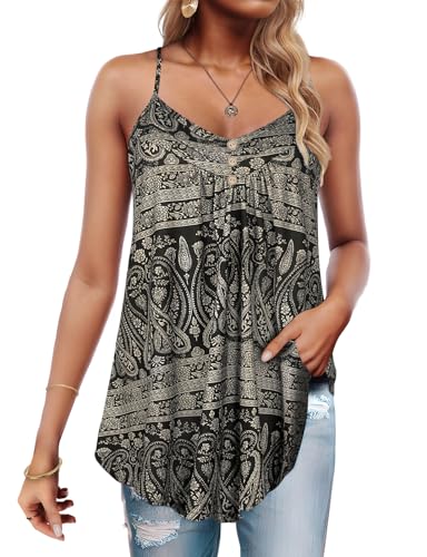 Viracy Women's Summer Button V Neck Pleated Spaghetti Strap Camisole Tank Tops (M-3XL) - color: B-paisley1, size: Large