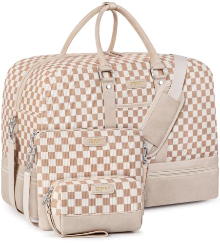 IBFUN Weekender Bags for Women, 3PCS Travel Set with Shoe Compartment 21.6 - color: A15-khaki+checkered