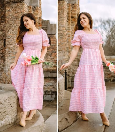 ZESICA Women's Summer Boho Gingham Puff Sleeve Square Neck Beach Midi Dress - color: Pink, size: X-Large