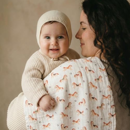 Muslin Swaddle Blankets for Newborn, Cotton Receiving Blanket - color: Orange Rainbow Horse
