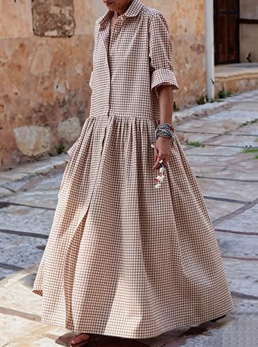 chouyatou Women's Retro Plaid Button Down Maxi Shirt Dress Long Sleeve Button Up Gingham Swing Long Dress - color: Coffee, size: Large
