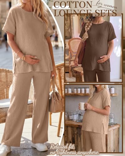 Ficerd 4 Pcs 100% Cotton Muslin Maternity Pajamas Lounge Sets - color: Khaki, Brown, size: X-Large