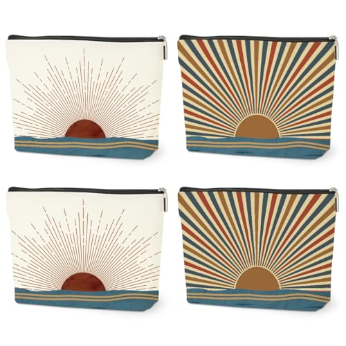 4PCS Sunshine Makeup Bag, Boho Gifts for Women, Natural Linen Zipper Pouch - color: Multicolor 0096