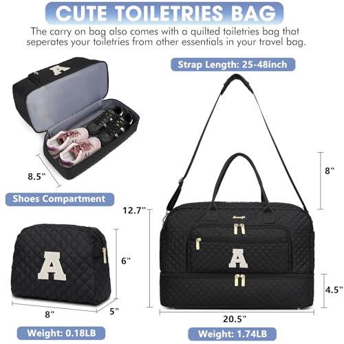 Initial Travel Duffle Bag for Women - Black Personalized Weekender Bags Overnight Bag with Shoe Compartment & Wet Pocket Weekend Tote Bags with Toiletry Bag Monogram Gifts (Letter A) - color: Black Letter A