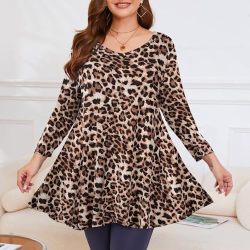 LARACE Plus Size Tops for Women 3/4 Sleeve Shirts V Neck Tunic Tops Blouses - color: A-leopard08, size: 2X
