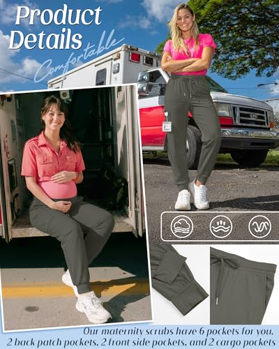 Xaatren Women's Maternity Scrub Joggers Pants with 6 Pockets - color: Army Green, size: Medium