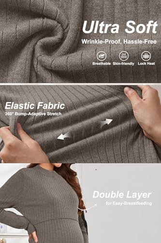 OUGES Women's Wool Blend Sweater Nursing Ribbed Fall Maternity Dress - color: Coffee, size: Large