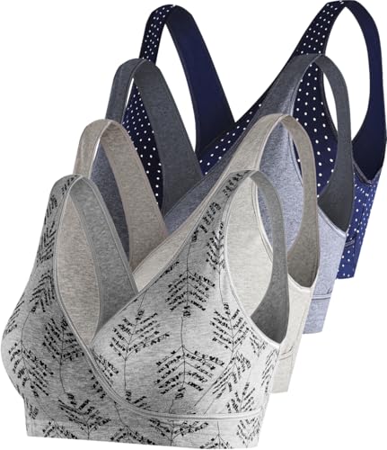 SUIEK 4 Pack Nursing Sleep Bra Maternity Bralette Cotton Breastfeeding Bras - color: Dark Grey/Gray/Grey Print/Navy Dot-4pcs, size: Large