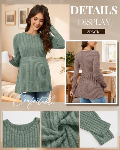 3 Pack Maternity Sweaters Long Sleeve Ribbed Shirts - color: Green, Brown, Black, size: XX-Large