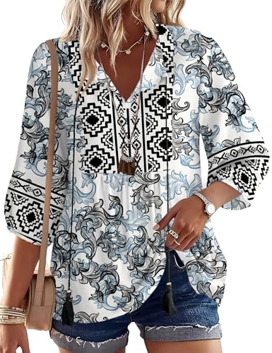 Rapbin Women Summer Boho Tops 3/4 Sleeve Pleated Blouses Casual V Neck Tie Front Spring Tunic Tops - color: Black Flower, size: Large