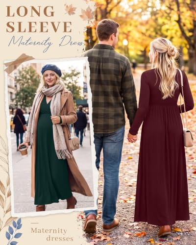Neer 2 Pcs Maternity Maxi Dresses Long Sleeve Fall Nursing Dress - color: Burgundy, Blackish Green, size: X-Large