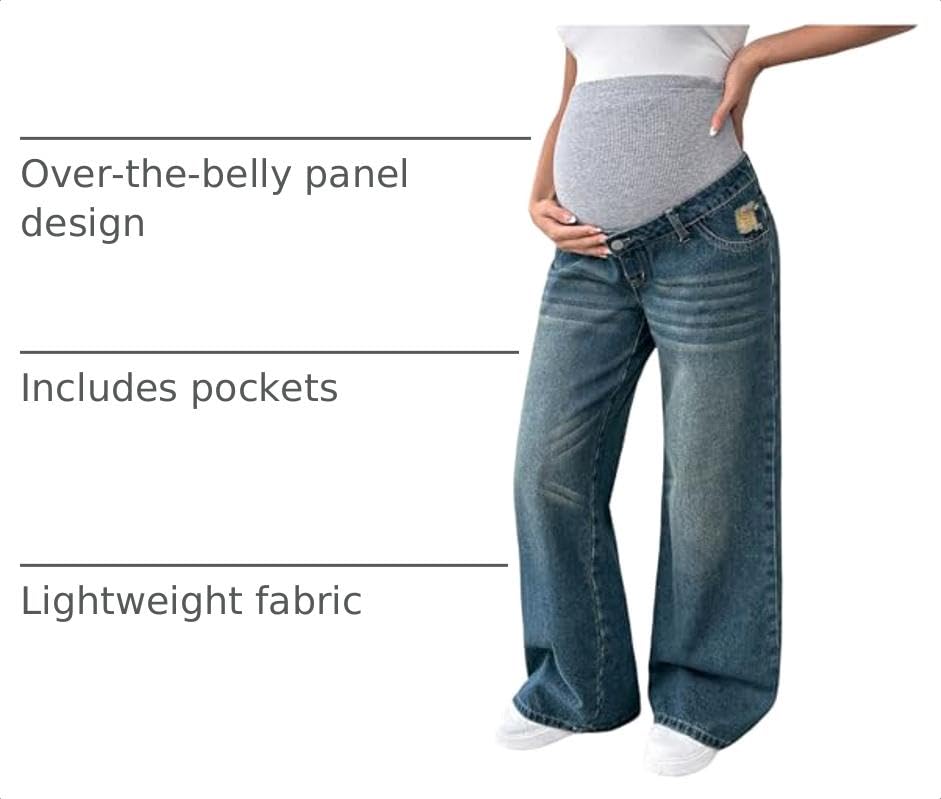 MakeMeChic Women's Maternity Jeans Wide Leg Over The Belly Denim Pant - color: Blue, size: Small