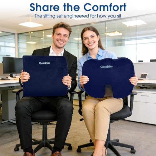 CloudBliss Ergonomic Seat Cushion & Lumbar Support Pillow Set, Blue, XL - color: Blue, size: X-Large