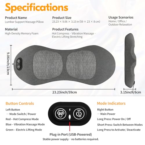 Lower Back Massager for Bed & Chair, Heat Vibration Traction Lumbar Support - color: Gray