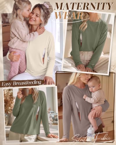 Riyiper 3 Pack Women's Nursing Shirts with Hidden Zippers - color: Oatmeal, Cream, Army Green, size: Large