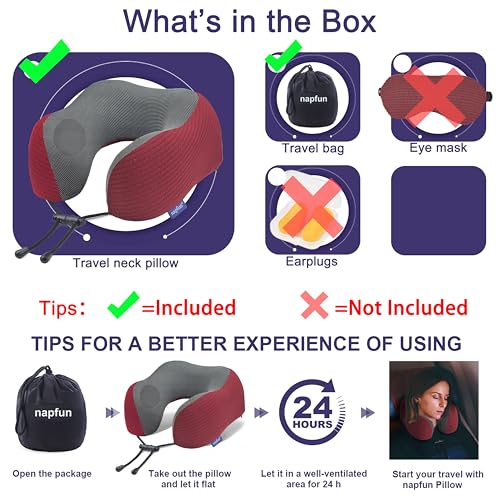 napfun Neck Pillow for Travel, Memory Foam Airplane Pillow, Burgundy - color: Burgundy
