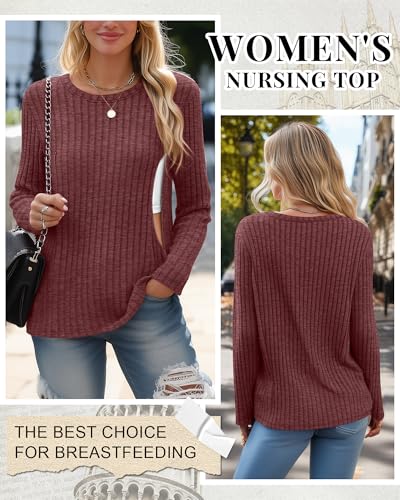 Womens Maternity Nursing Breastfeeding Ribbed Shirt - color: Burgundy, size: XX-Large