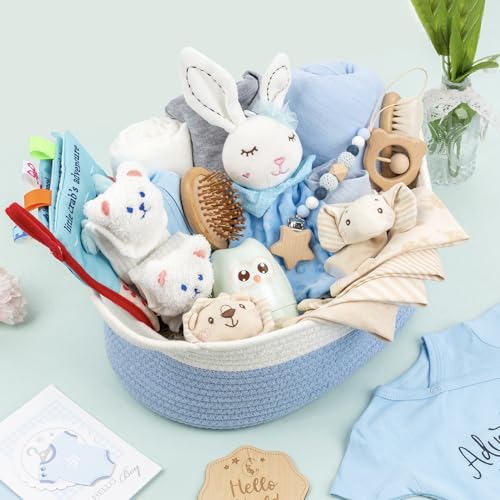 30 Piece Baby Gift Basket – Luxury Curated Baby Gift Basket for Newborn - color: White blue