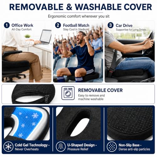 Gel Seat Cushion for Office Chair, Memory Foam, Black - color: Black