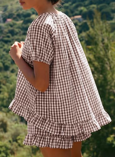 BLENCOT Maternity Clothes 2 PCS Gingham Cotton Pregnancy Pajamas Short Sets - color: Brown, size: Medium
