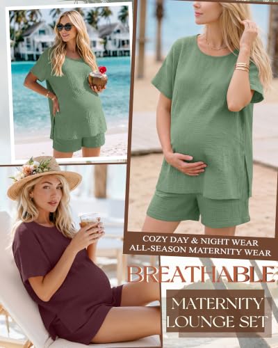 Riyiper 4 Pcs 100% Cotton Maternity Pajamas Sets - color: Green, Wine Red, size: XX-Large