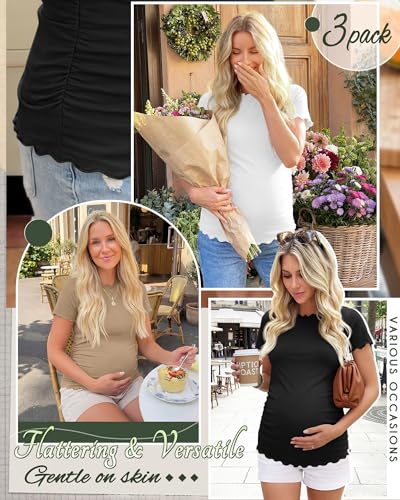 Xaatren 3 Pack Women's Maternity Short Sleeve Shirts - color: Khaki, White, Black, size: XX-Large