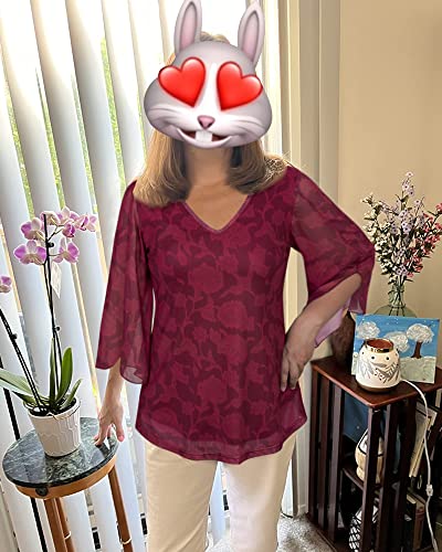Bebonnie Womens Ruffle 3/4 Sleeve V Neck Double Layers Mesh Blouses Loose Fit Flowy Tunic Tops - color: Berry Red, size: Medium