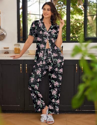 Ekouaer Womens Pajamas Set Short Sleeve Button Down Top & Pants Lounge Pjs - color: Big Black Flowers, size: Medium