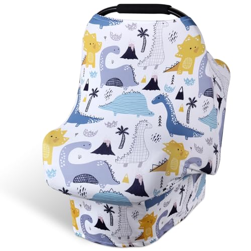 Rquite 4-in-1 Baby Car Seat Canopy, Stretchy Nursing Breastfeeding Cover - color: Blue Dinosaur