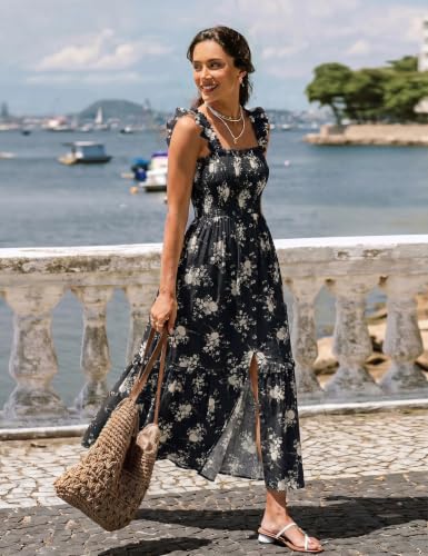Women Summer Casual Midi Dress Square Neck Button Down Smocked Ruffle Strap Flowy Split Beach Sundress Pockets - color: Black Floral, size: Small