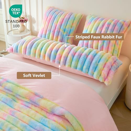 MEGO Fluffy Faux Rabbit Fur Ribbed Body Pillow Cover 20x54, Rainbow - color: Rainbow