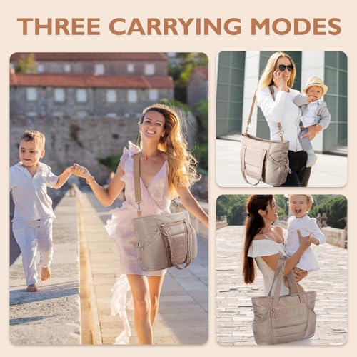 mommore Diaper Bag Tote with Stroller Organizer, Puffy Travel Baby Tote - color: Khaki