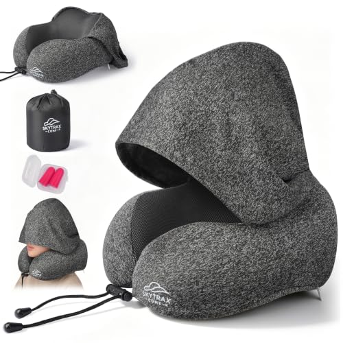 SkytraxComf® Travel Neck Pillow with Hood for Privacy on Long Flights - color: Grey