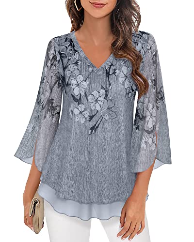 Timeson Women's 3/4 Sleeve Floral Blouses Shirts - color: Black Gray, size: Large