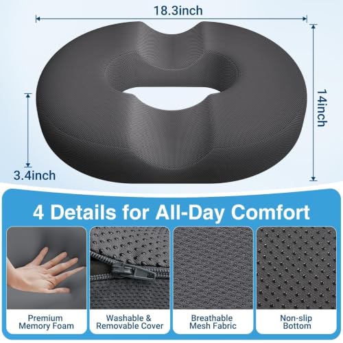 Donut Pillow Seat Cushion, Office Chair Cushion, Gray, X-Large - color: Grey, size: X-Large