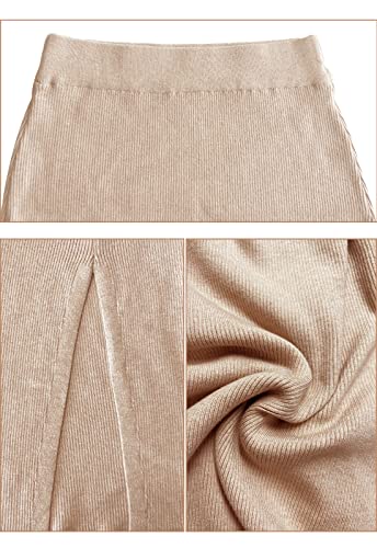 HERBATOMIA Midi Pencil Basic Skirt Casual Solid Split Side Stretchy Ribbed Knit Bodycon Mid Length Skirts for Women - color: Apricot, size: Small