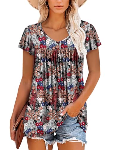 ROSELINLIN Womens Ruffle Sleeve Tunic Tops V Neck Loose Fit Short Sleeve Summer Shirts - color: A Ruffle Sleeve Willow Flower, size: Small