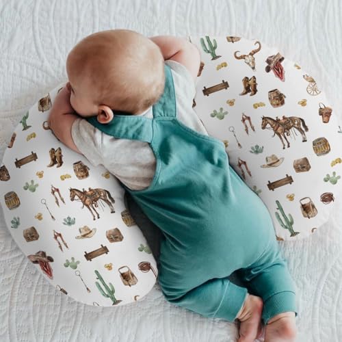 Western Cowboy Baby Nursing Pillow Covers for Boy Girl Cowboys Horse Boots Hats Golds Cactus Nursing Pillowcase for Breastfeeding Pillows Wild West Cowboy Life Soft Stretchy Slipcovers for Newborn - color: White