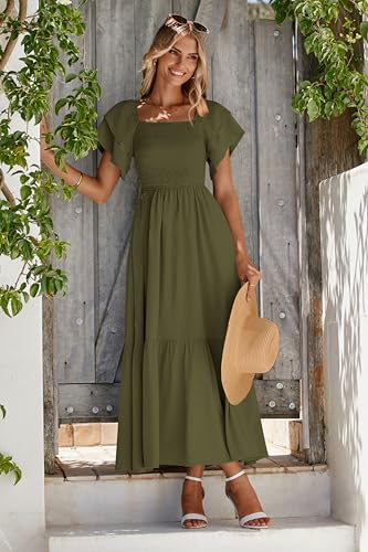 MASCOMODA Womens Summer Casual Smocked Flowy Midi Dress - color: Army Green, size: Small