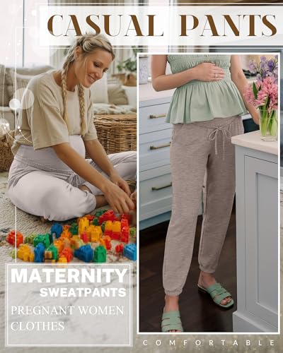 3 Pack Womens Maternity Pants Pregnancy Lounge Jogger - color: Gray Apricot, Light Coffee, Brown, size: Large