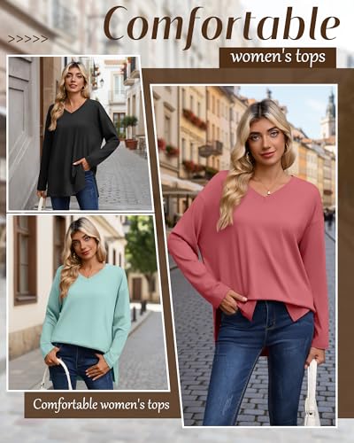 Huukeay 3 Pack Women's Oversized Long Sleeve V Neck Shirts - color: Black, Brick Red, Gray Green, size: X-Large