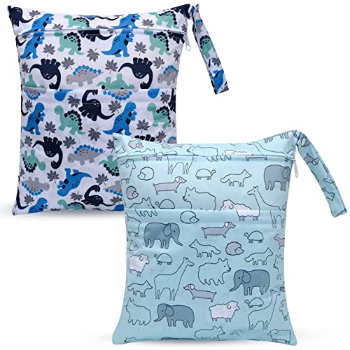 2pcs Waterproof Wet Dry Bags Wet Bags with Two Zippered Pockets - color: Dinosaur