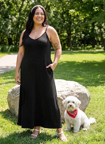 LILBETTER Women's Summer Maxi Dress Casual Flowy Spaghetti Strap Beach Long Dresses with Pockets - color: Black, size: Medium