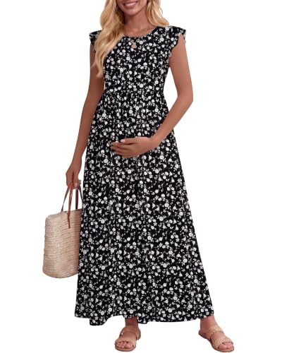 Huukeay Women Maternity Dress Ruffle Sleeve Floral - color: Black, size: Small