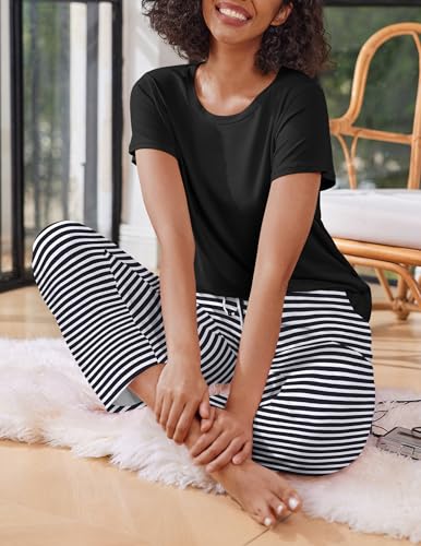 Ekouaer 2 Pack Womens Pajama Set Short Sleeve Top and Printed Pants Soft Pj - color: Black Striped/Black Leopard, size: Small